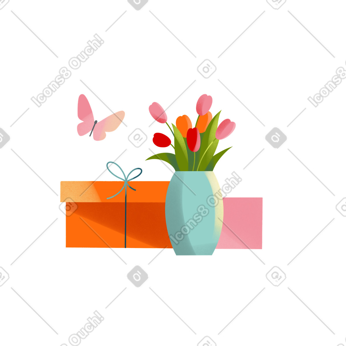 Ilustración Cajas festivas y un ramo de flores en florero. estilo Shine a descargar PNG SVG