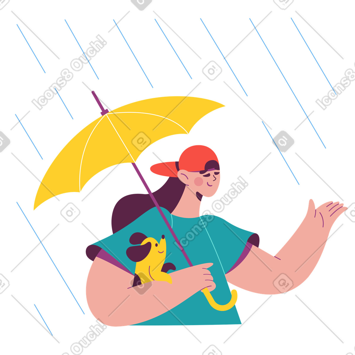 Walk with dog in the rain, keeping pet dry during rainy weather illustration Sammy style download PNG, SVG