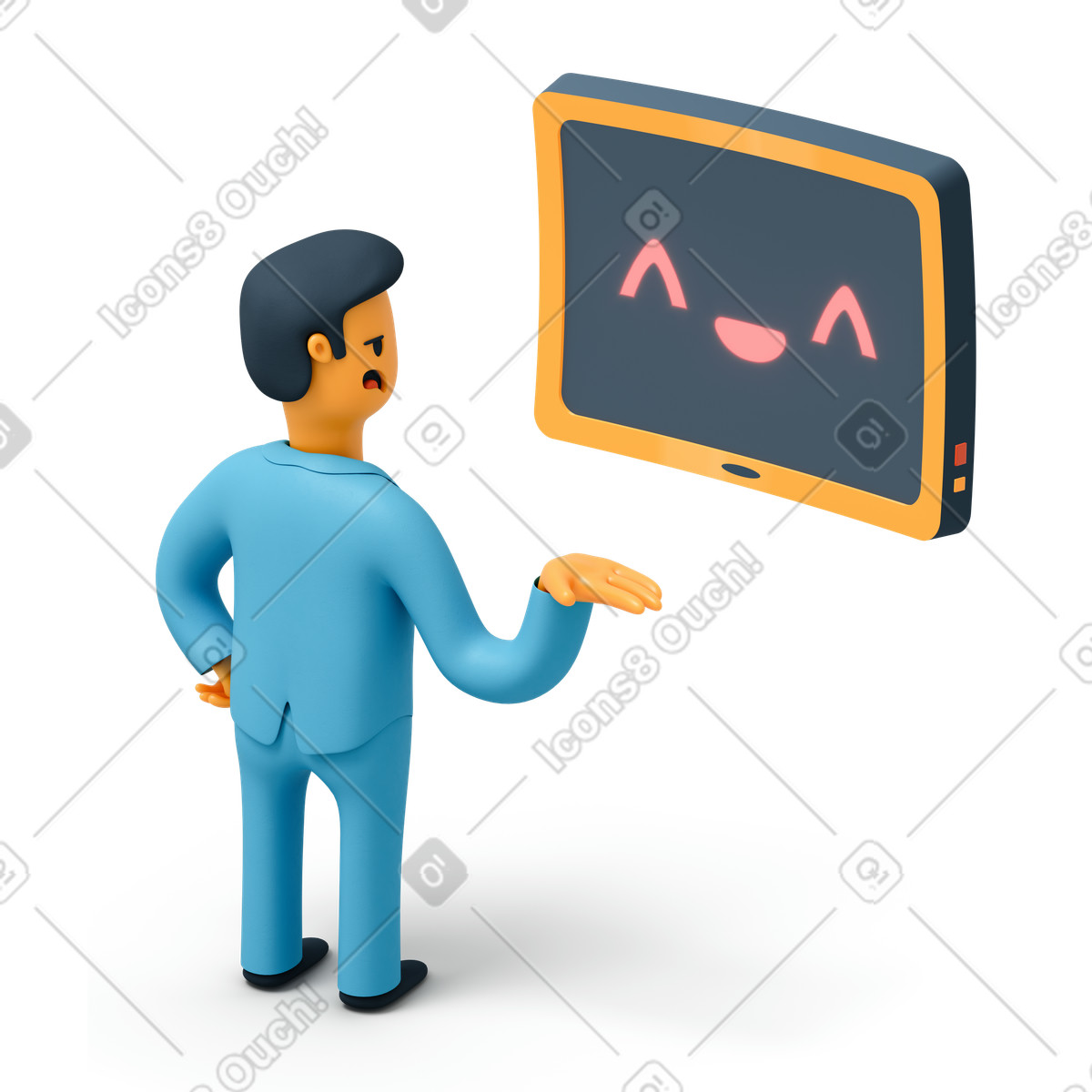 下载 3D Flame 风格的 西装男子与人工智能助理交谈 插画，支持 PNG、SVG 格式