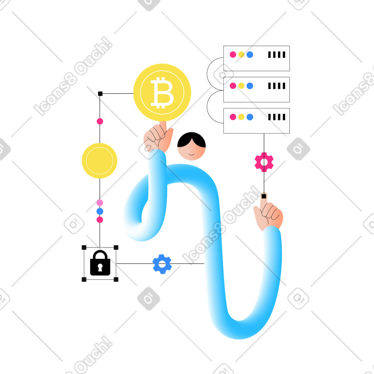 Junger mann schürft kryptowährung auf hardware-Illustration im Knotty-Stil als Download in PNG, SVG
