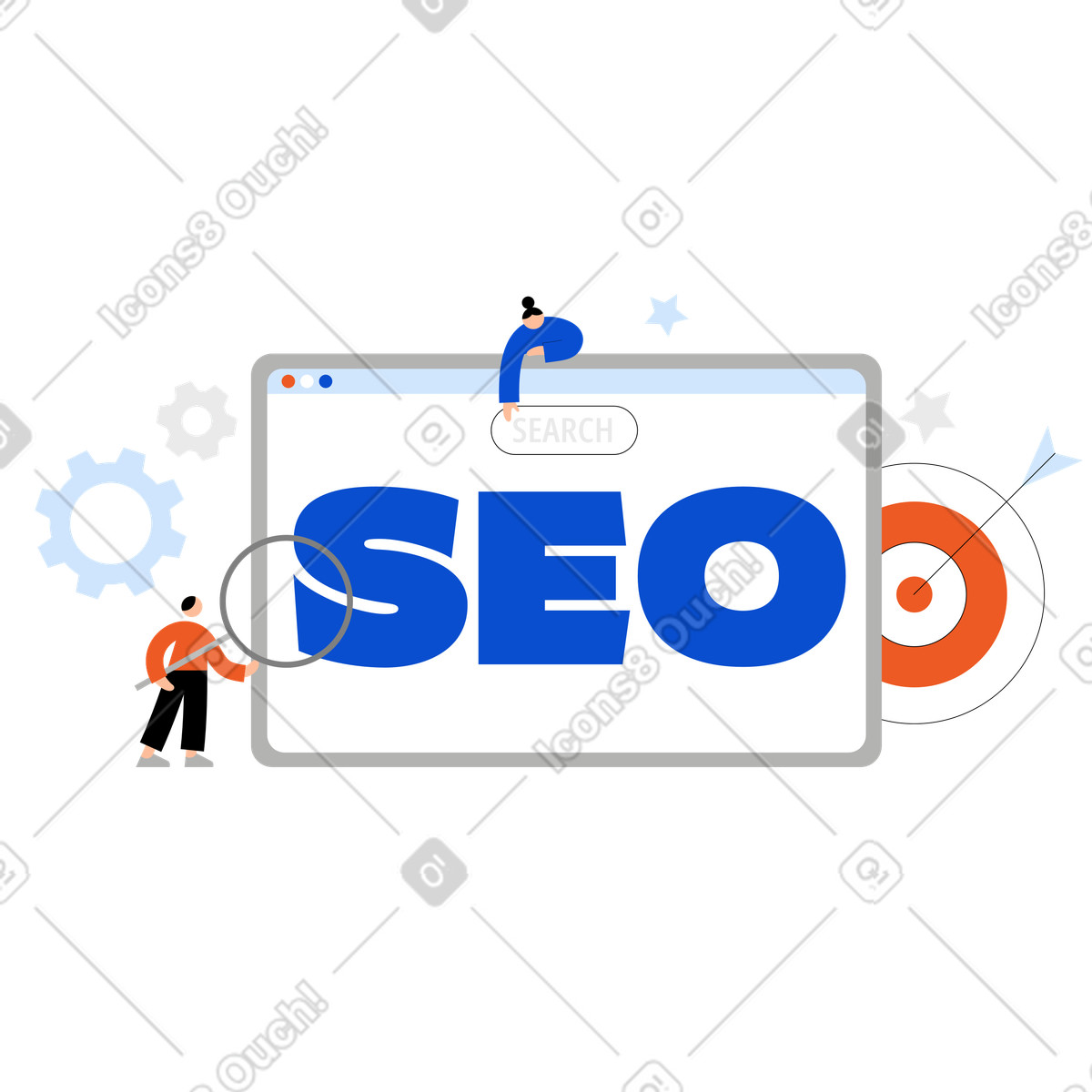 Ilustración Letras seo con objetivo, engranajes y texto de lupa en estilo Tiny a descargar en PNG SVG
