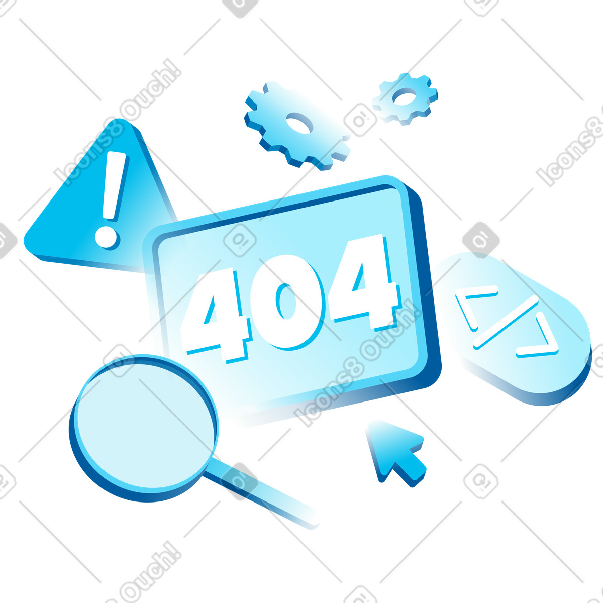 404 error sign with gears and magnifying glass, missing page issue alert illustration in Icy style download in PNG, SVG