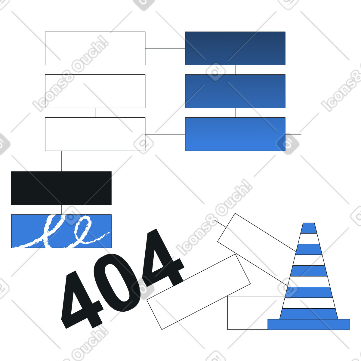 Ilustración Flujo de trabajo interrumpido en el sistema datos, error 404 la automatización procesos, integración del fallida con problema enrutamiento estilo Midnight a descargar PNG y SVG