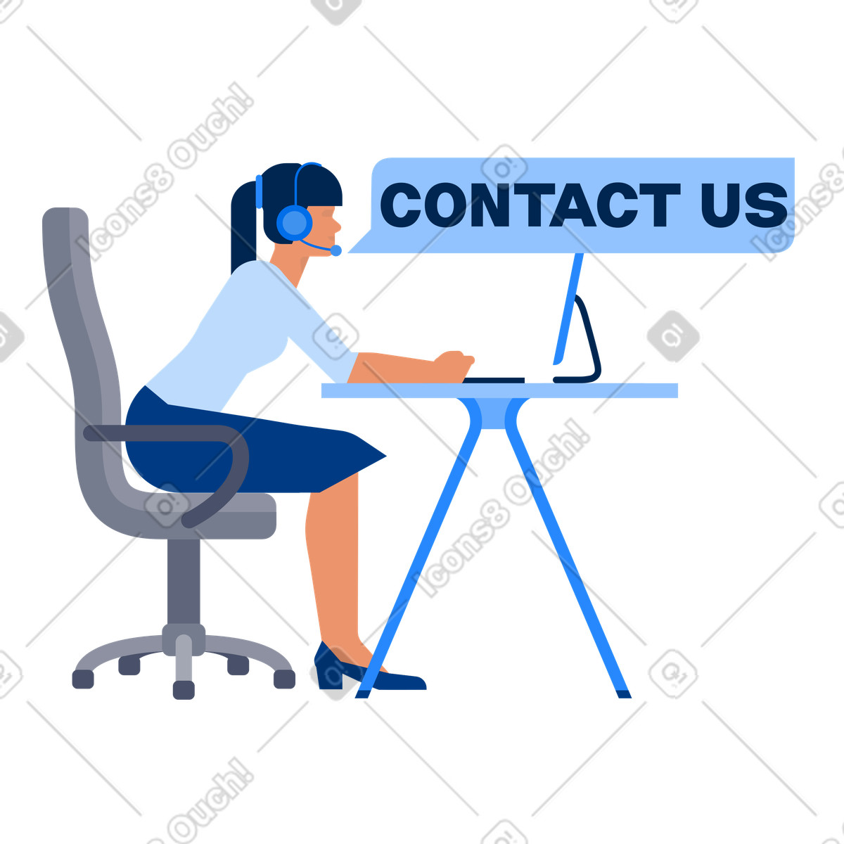 Urban 스타일의 Support agent with headset at desk, Contact us lettering and online 일러스트레이션 PNG, SVG 다운로드