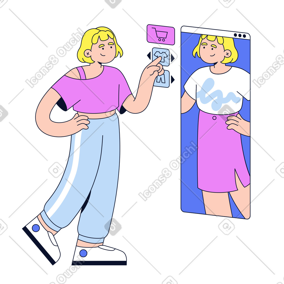 Trying on clothes virtually, Augmented reality shopping, Digital wardrobe preview illustration in Flexy style download in PNG, SVG