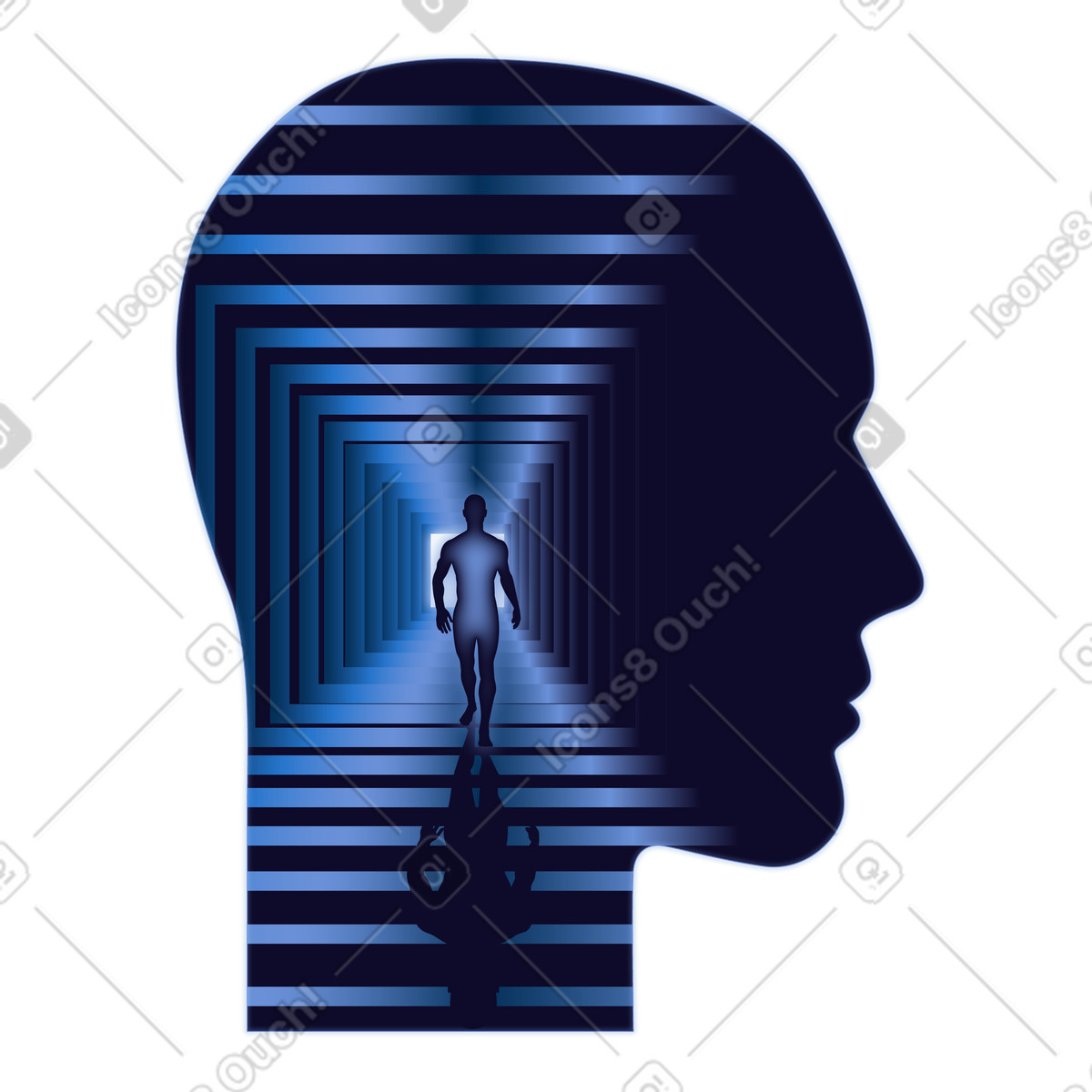 Illustration Intelligence processing, Head with tunnel perspective inside and walking person dans le style Dimension à télécharger aux formats PNG, SVG