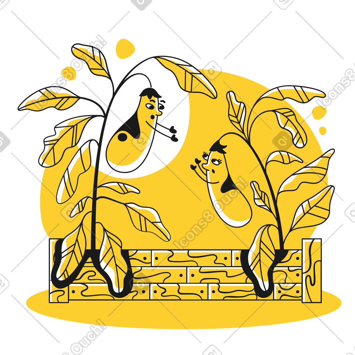 Ilustración animada Vegetables stretch out hands to each other, Social distance and disconnection concept en estilo Taxi a descargar en GIF, Lottie (JSON), AE