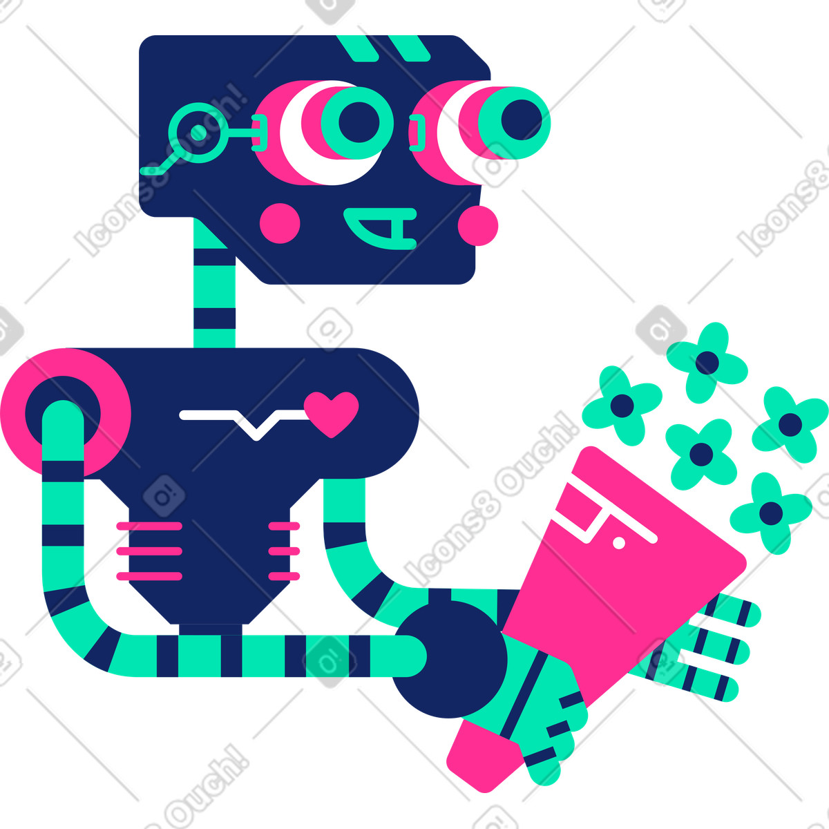 Robot with flowers shy illustration in PNG, SVG