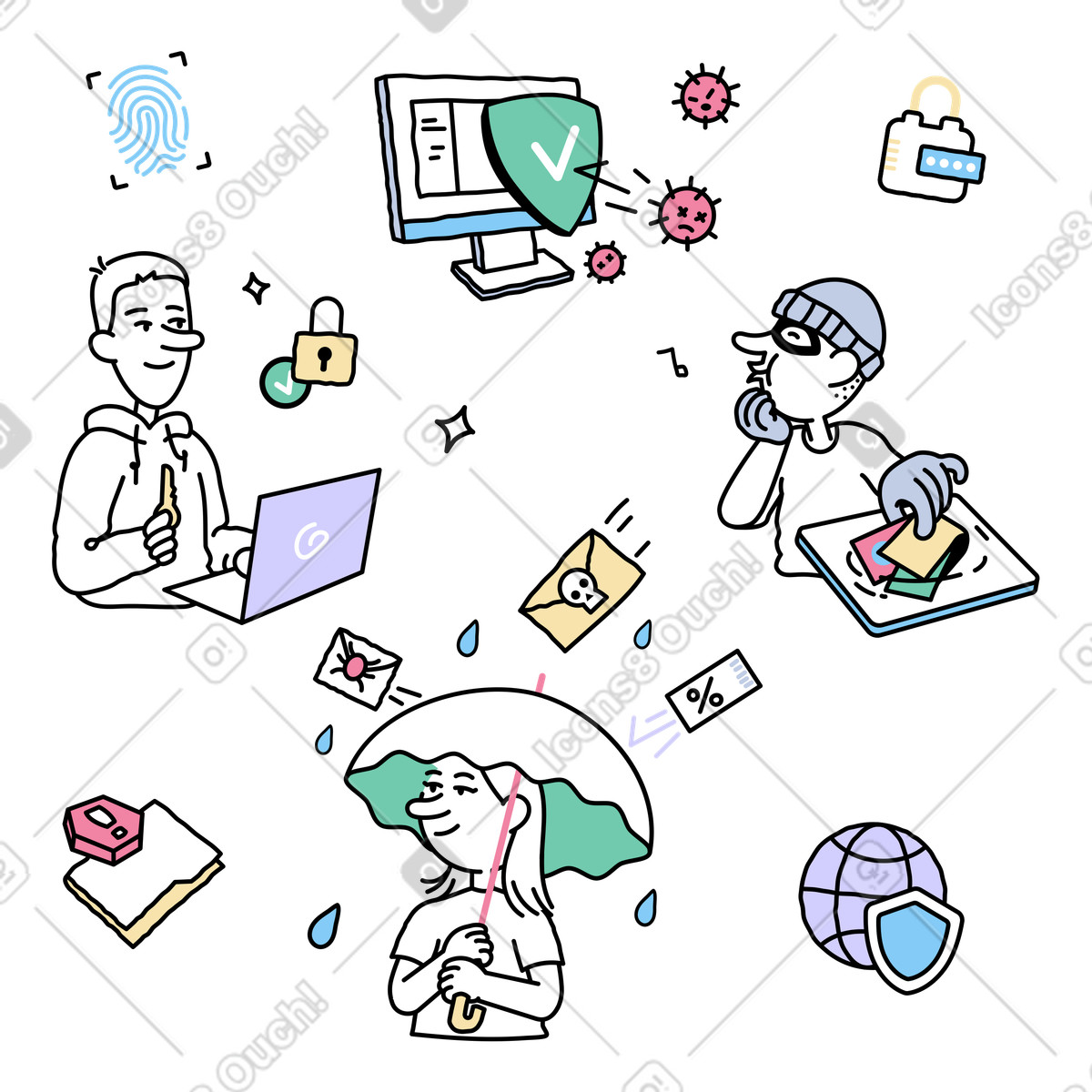 Notes スタイルの 日常生活におけるサイバーセキュリティとデータ保護 のイラストをPNG、SVG形式でダウンロード
