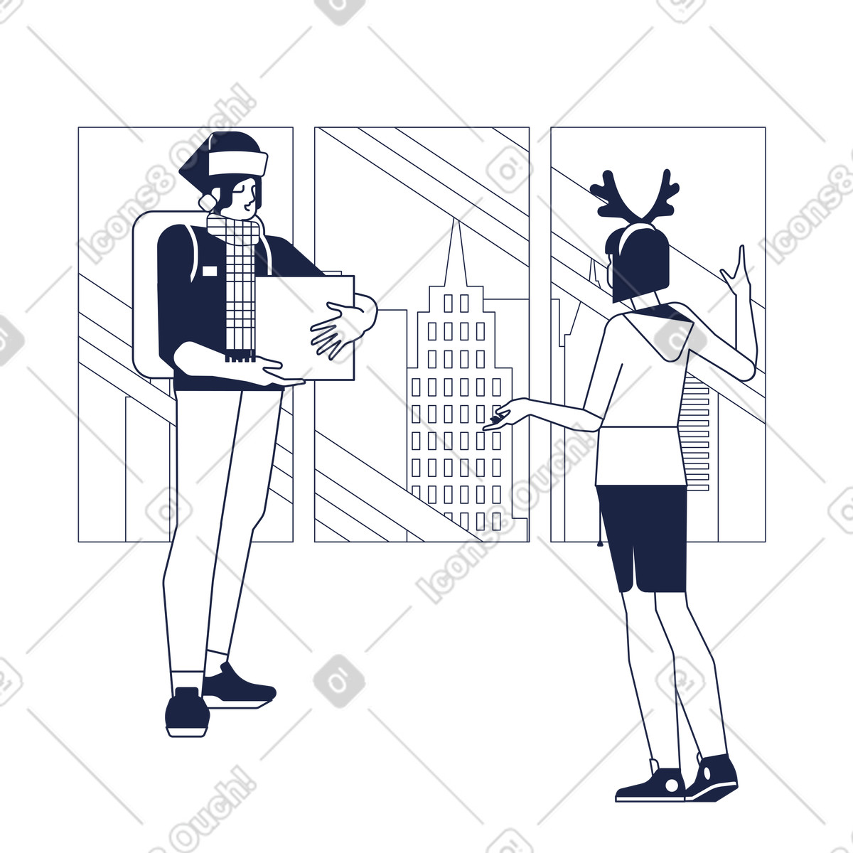 Frau bekommt an weihnachten eine lieferung-Illustration im Urban Line-Stil als Download in PNG, SVG