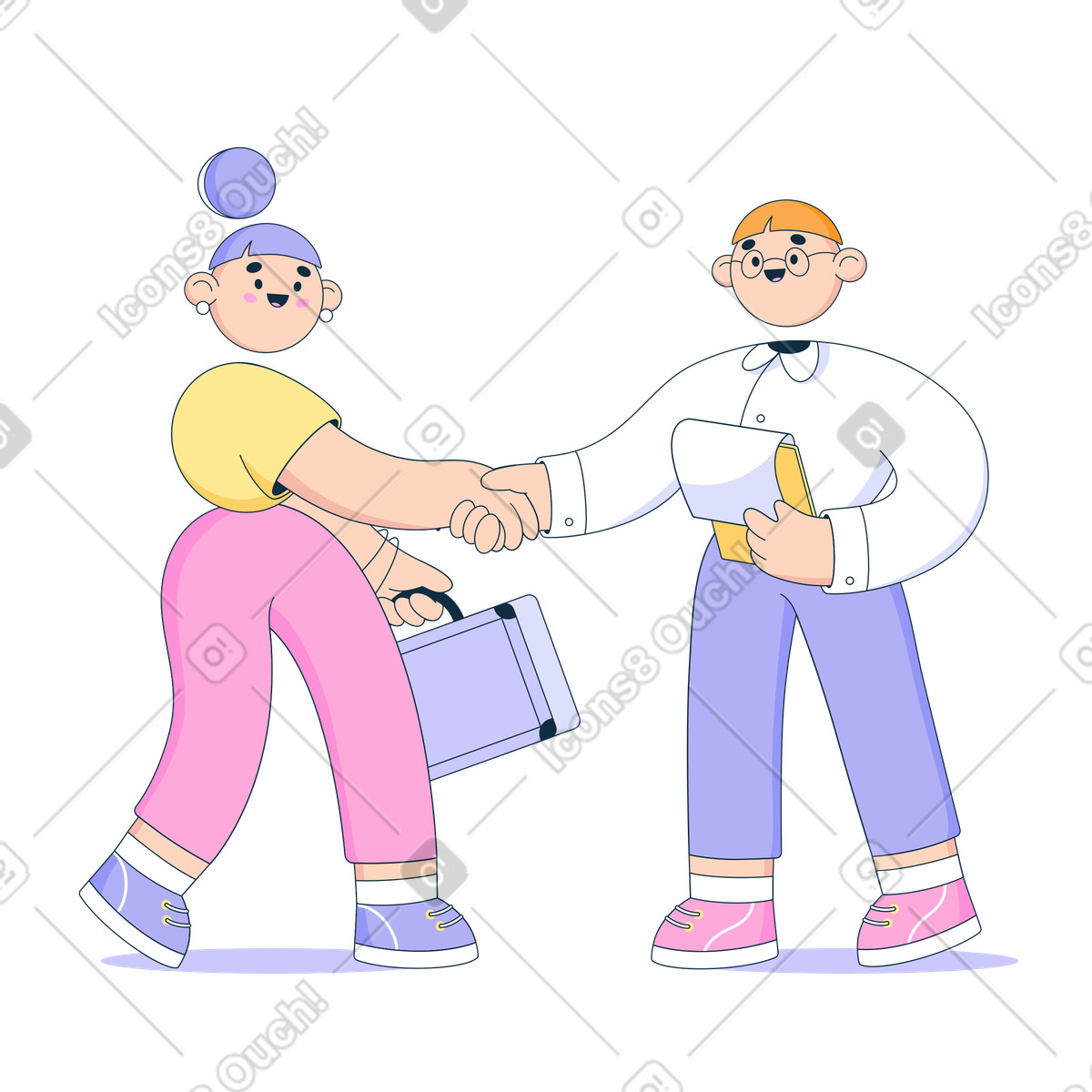Illustration Une femme et un homme se serrent la main concluent marché dans le style Bubble gum à télécharger aux formats PNG, SVG