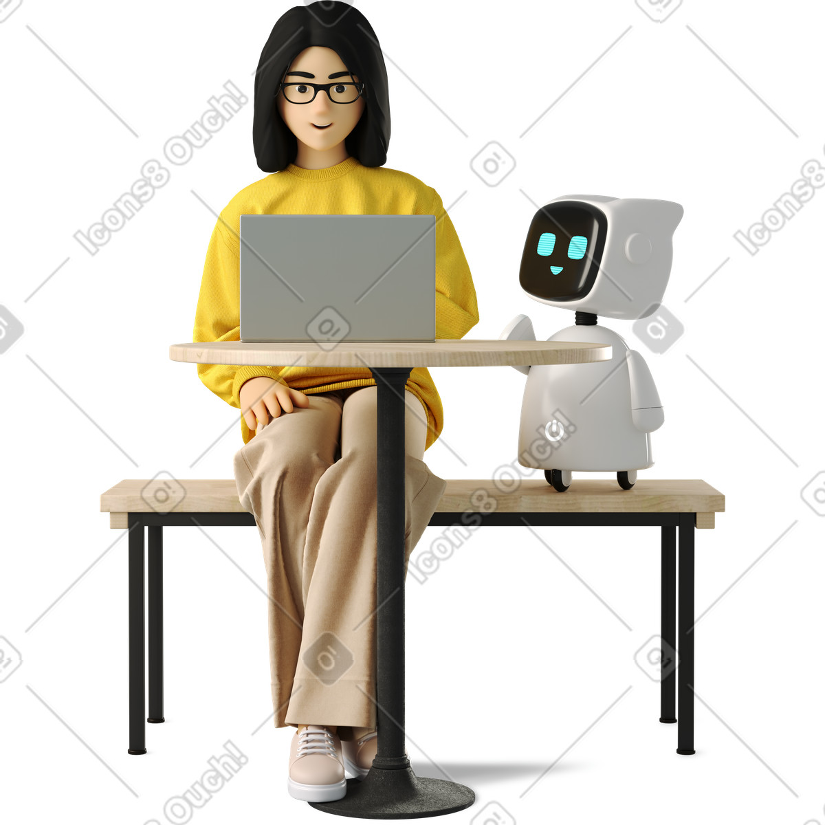 3D Business スタイルの ロボットアシスタントと一緒にノートパソコンで作業する女性 のイラストをPNG、SVG形式でダウンロード