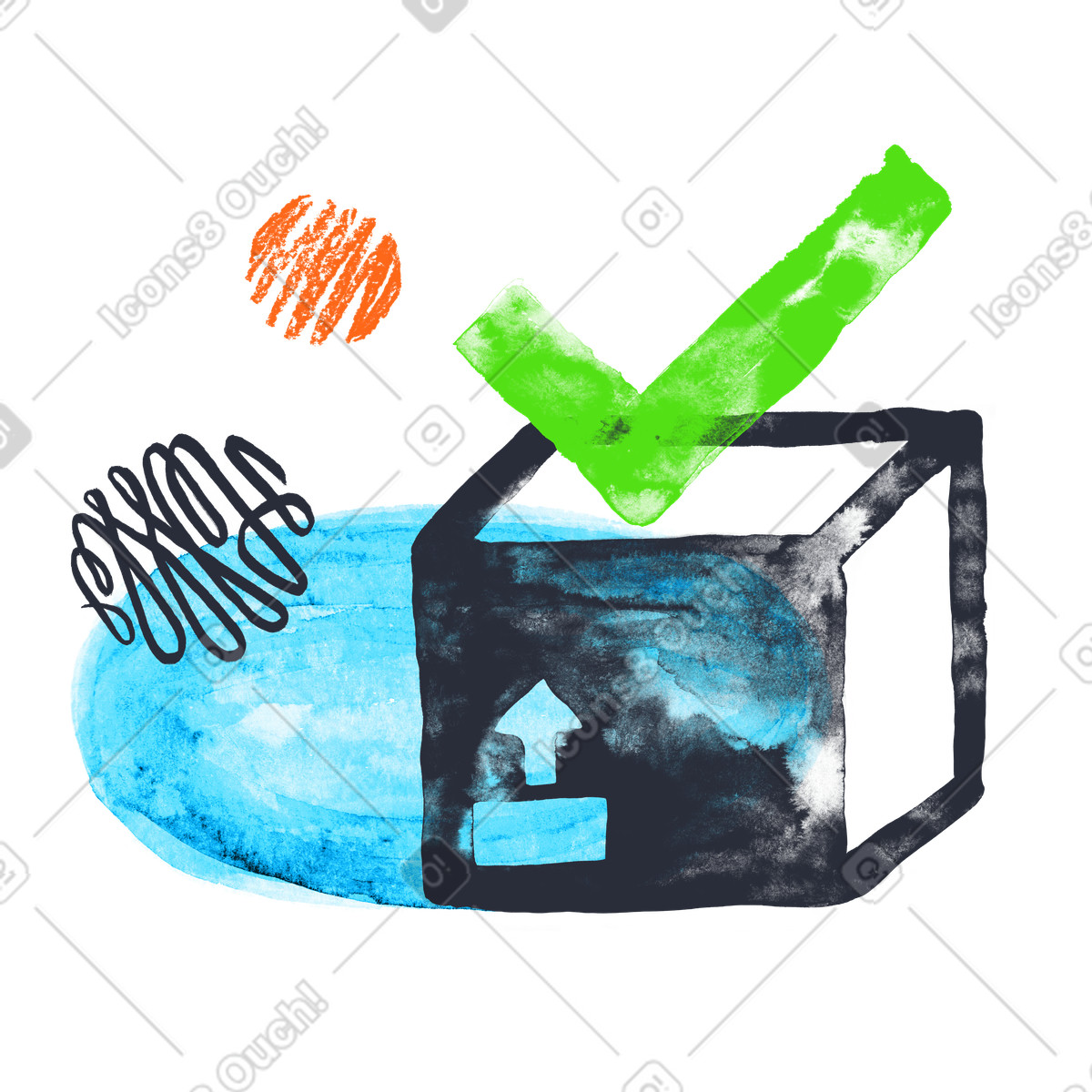 Ilustração de Caixa com marca seleção como pedido entregue em no estilo Inky para baixar em PNG, SVG