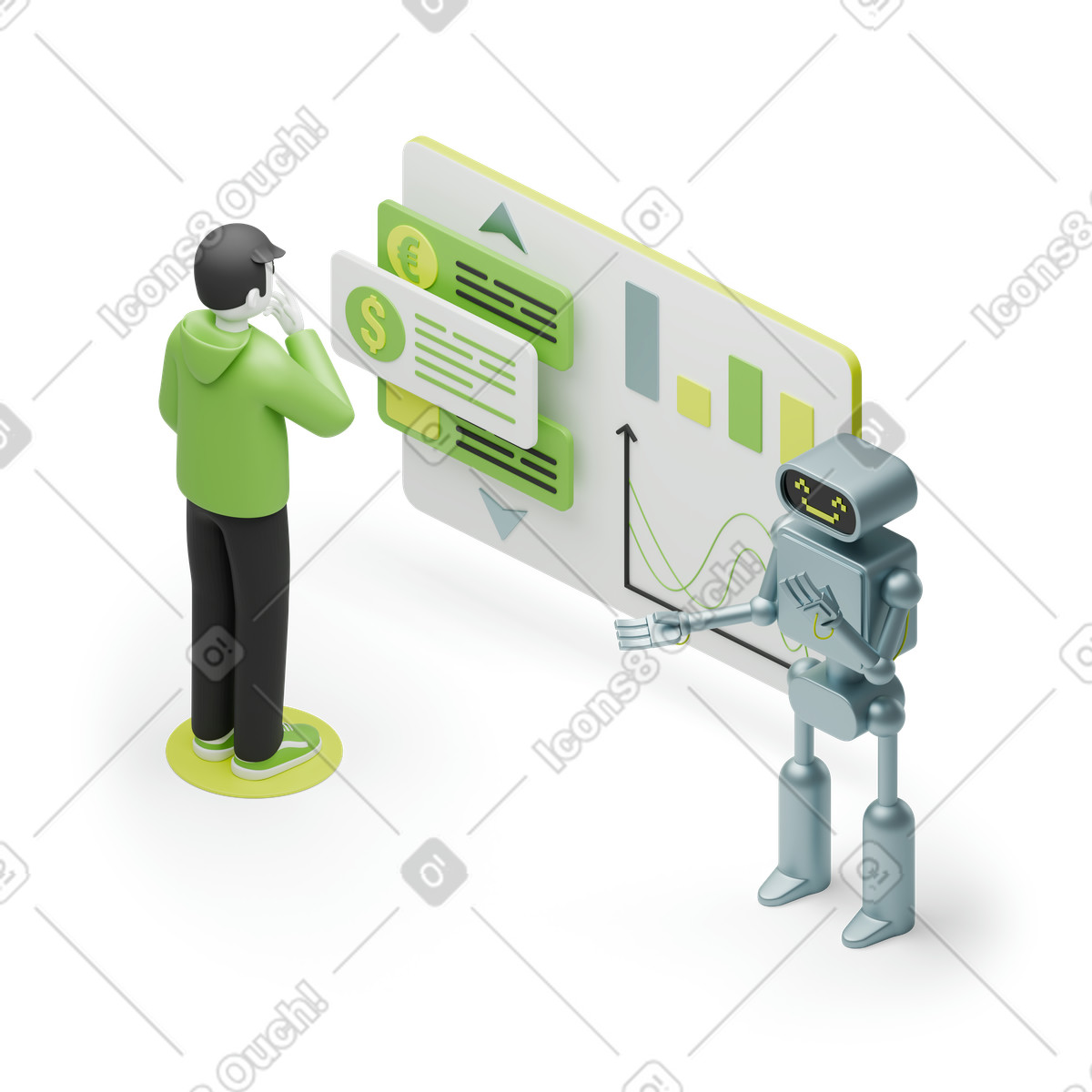 AI helper showing currency analytics, Robo-advisor for investing animated illustration in GIF, Lottie (JSON), AE