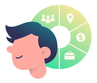 A person with a calm expression and icons - Beam style illustration