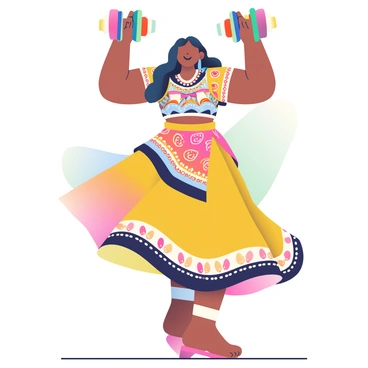 A person is performing a shoulder press in a vibrant, traditional outfit that features intricate patterns and bright colors. The attire includes a flowing skirt and a decorative top, adorned with beads and embroidery. The individual has medium skin and long hair styled elegantly. They are in a strong stance, with their feet shoulder-width apart and their arms extended above their head, holding a set of colorful weights. The background includes soft, abstract shapes that hint at a fusion of cultural elements, creating a harmonious blend of dance and fitness.