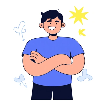 A person with short, dark hair smiling broadly while standing in a confident pose. The individual is wearing a fitted blue t-shirt and dark jeans. Their arms are crossed in front of their chest, showcasing a strong physique. A bright light source appears overhead, casting a warm glow around them, highlighting their confident expression. A subtle background features simple geometric shapes that add to the energetic feel of the scene.