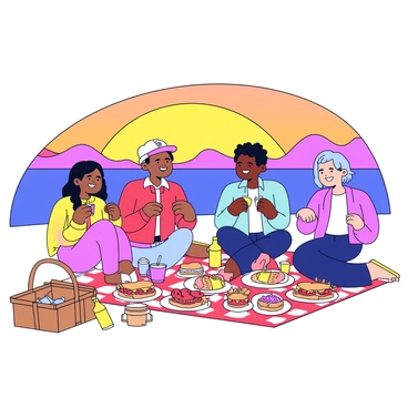 A family of four is sitting on a red and white checkered picnic blanket. They are enjoying a picnic with an array of delicious food items spread out before them, including sandwiches, fruits, and drinks in colorful cups. The sky is painted with warm hues of orange, pink, and purple as the sun sets on the horizon. In the background, there are silhouettes of distant hills which add depth to the scene. The family members are smiling and sharing stories, creating a joyful atmosphere. A wicker picnic basket lies open near them, revealing more food and a bottle of juice.
