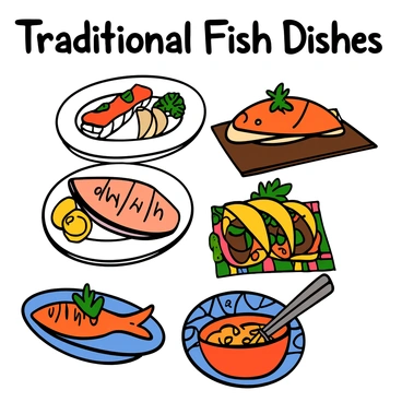 A colorful poster showcasing various traditional fish dishes from different cultures around the world. At the top, there is a title in bold letters that says "Traditional Fish Dishes". Below, on the left, a beautifully arranged plate of Japanese sushi, featuring nigiri and sashimi with fresh fish, garnished with wasabi and pickled ginger. Next to it, there is a Mediterranean dish of grilled fish, served with lemon wedges and fresh herbs, displayed on a rustic wood table. On the right side, a vibrant plate of Mexican fish tacos, filled with fried fish, topped with cabbage, avocado, and salsa, presented on a colorful woven mat. Finally, at the bottom, there is a dish of Indian fish curry served in a bowl, with rice and coriander leaves, styled with an intricate pattern in the background.