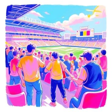 A group of fans is gathered in a large stadium, assisting one another in finding their seats. One fan, wearing a team jersey, is pointing towards a row of seats while another, carrying a foam finger, is smiling and thanking them. Several colorful banners hang from the rafters, displaying the team’s colors. In the background, excited chatter can be heard as others are settling in. The sun is shining brightly, illuminating the vibrant atmosphere of camaraderie and enthusiasm.