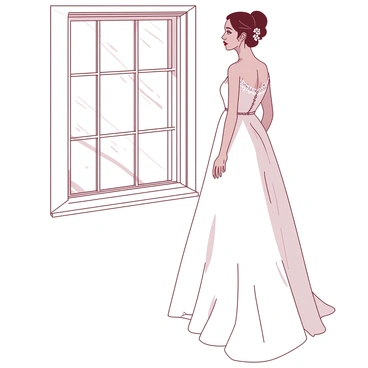 A white bride in an elegant wedding dress is standing by a large window, gazing out into the distance. The dress features delicate lace and intricate beading, flowing gracefully to the floor. Sunlight filters through the window, casting soft shadows and illuminating her features. Her hair is styled in a classic updo, adorned with small white flowers. The bride has a tranquil expression, reflecting a moment of contemplation as she looks outside.