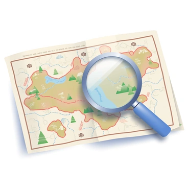 A magnifying glass with a silver frame is lying on top of a detailed hand-drawn map. The map features intricate illustrations of mountains, rivers, and forests, with small labels indicating various locations. The magnifying glass is positioned at an angle, highlighting a specific area of the map. Soft shadows are cast around the magnifying glass, emphasizing its round lens, which reflects a portion of the map underneath. The map has a warm, aged look, with deep browns and faded greens, creating a sense of exploration and adventure.