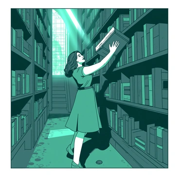A teal woman named "Priscilla" is exploring an ancient library filled with towering bookshelves made of dark wood. The shelves are stacked high with dusty tomes of various sizes and colors, some with leather bindings that are worn and weathered. Soft rays of light filter through high, arched windows, illuminating particles of dust in the air. Priscilla is reaching for a large, ornate book on a top shelf, her expression showing curiosity and wonder. The library's floor is covered in a rich, patterned carpet that adds warmth to the scene.