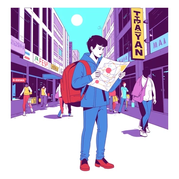 A young traveler wearing a blue jacket and jeans stands in the middle of a bustling city street. They have a large red backpack slung over one shoulder and are holding an open map in both hands, studying it intently. Surrounding them are tall buildings with various colorful signs and storefronts. People are walking past, some are in a hurry while others are stopping to look at street vendors. The sun is shining brightly above, casting vibrant shadows on the pavement.