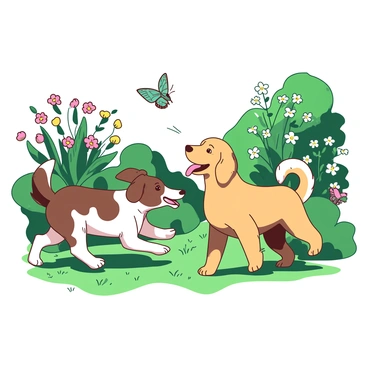 Two dogs are frolicking in a lush garden filled with vibrant flowers and greenery. One dog, a brown and white spotted dog, is energetically chasing a delicate butterfly that flutters nearby, its eyes focused on the butterfly's colorful wings. The other dog, a fluffy golden retriever, stands happily with its tongue out, wagging its tail joyfully in response to the playful atmosphere. Sunlight filters through the leaves, creating dappled shadows on the grassy ground.