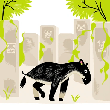 A tapir with a textured black and white fur pattern is wandering through a clearing surrounded by ancient ruins. The ruins consist of weathered stone walls adorned with mysterious carvings that depict symbols and creatures. Lush green vines creep up the sides of the stones, and patches of sunlight filter through the trees, illuminating parts of the carvings. The tapir curiously explores the area, pausing to inspect the intricate details of the stone walls.