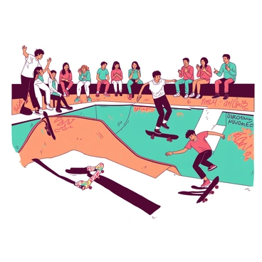 A group of teenagers is performing tricks on colorful skateboards at a skate park filled with vibrant graffiti. One teenager is doing a kickflip while another is grinding along the edge of a ramp. The surrounding walls are covered in bright orange and teal graffiti art, depicting various designs and characters. In the background, there are spectators cheering and clapping, some sitting on benches and others leaning against the skate park's structure. The sun casts sharp shadows on the concrete, highlighting the energy of the scene.