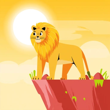 A lion with a flowing golden mane stands proudly on a rocky cliff. The lion's fur glistens in the light of the golden sunrise, which bathes the scene in warm hues. The sky is filled with shades of orange and yellow, creating a dramatic backdrop. Surrounding the cliff are patches of green grass and scattered rocks, emphasizing the height and majesty of the lion.