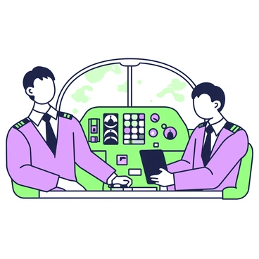 A pilot is seated in the cockpit of an airplane, confidently gripping the controls. The pilot has short hair and is wearing a flight uniform complete with a tie and epaulettes. Beside the pilot, a co-pilot is also seated, wearing a similar uniform, and is focused on monitoring the instruments in front of them. The cockpit is filled with various dials, gauges, and a large windshield showing a view of the clouds outside. A small tablet is placed on the dashboard in front of the co-pilot. The atmosphere conveys a sense of teamwork and precision as they navigate through the skies.