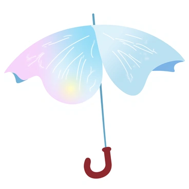 An umbrella with a canopy shaped like a single oversized butterfly wing is displayed. The wing features vibrant gradient pastel colors, blending shades of pink, blue, and yellow, with intricate patterns echoing the delicate design of a butterfly. The handle of the umbrella is made of slender, elegant wood, complementing the soft colors of the wing. The umbrella is partially opened, showcasing the stunning details of the wing's veins and textures. The background features a gentle gradient that enhances the colors of the umbrella.