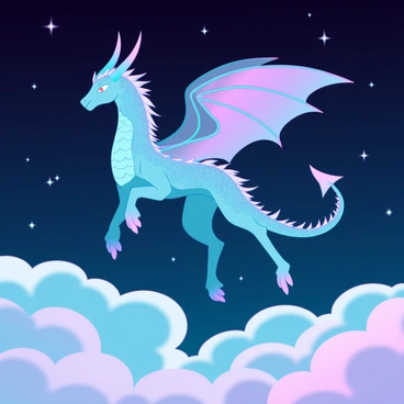 A majestic mythical creature with iridescent wings and a long, flowing tail is soaring through a starry night sky. Its scales shimmer in various shades of blue and purple, reflecting the light of distant stars. The creature's eyes glow with an ethereal light, casting a soft illumination around it. Below, a blanket of clouds softly rolls, and tiny celestial bodies twinkle in the vastness of the sky. The creature's wings are outstretched, capturing the air as it glides gracefully among the constellations.