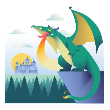 A large, majestic dragon with green scales and golden eyes is perched on a rocky cliff in a medieval landscape. Its powerful wings are spread wide, displaying intricate patterns. The dragon is exhaling a stream of bright orange flames that illuminates the surrounding area. Below, a dense forest of tall, dark green pine trees stretches out, while a distant castle with tall spires stands against the backdrop of a clear blue sky. The sun is setting, casting a warm, golden light over the scene.