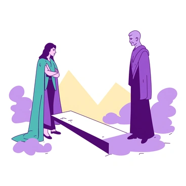 Two figures are standing on either side of an invisible bridge, both appearing uncertain about crossing. The figure on the left is wearing a teal cloak, with their arms crossed and a pensive look on their face. The figure on the right is dressed in a flowing purple robe, gazing intently at the invisible space between them. The background features a soft, glowing light that highlights the figures, creating a contrast with the surrounding shadows. A subtle mist surrounds the area, enhancing the sense of mystery and hesitation in the scene.