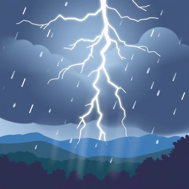 A dramatic lightning strike illuminates the dark sky during a thunderstorm. The bolt of lightning is bright white, branching out with sharp angles against the backdrop of thick, swirling gray clouds. In the foreground, rain is falling heavily, with droplets visible as they descend. The landscape below is a silhouette of trees and hills, possibly illuminated briefly by the flash. The atmosphere is charged, showcasing the raw power of nature's electric force.