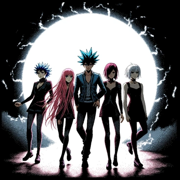 A group of five anime characters is stepping through a glowing portal. The portal is circular and surrounded by swirling energy. The characters are of varying appearances: one has spiky blue hair, another has long flowing pink hair, while a third character has short silver hair. They are wearing unique outfits that reflect a mix of modern and fantastical elements. Their expressions show a sense of determination as they step into the unknown. The background fades into darkness around the portal, emphasizing the glow and the transition to another era.