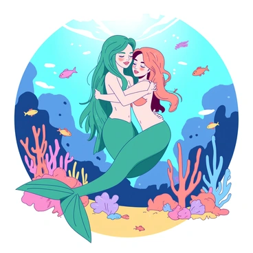 Two mermaids are sharing a warm hug in an underwater world filled with vibrant coral reefs. One mermaid has long flowing hair with shimmering teal scales, while the other has wavy hair adorned with small white pearls and a bright orange tail. Surrounding them are colorful schools of fish swimming gracefully, and gentle rays of sunlight penetrate the water, creating dappled patterns on the sandy ocean floor. The scene is alive with various aquatic plants swaying softly with the currents, enhancing the enchanting atmosphere of their embrace.