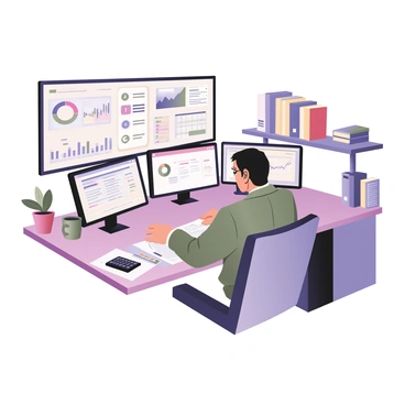 A digital flat illustration of an auditor sitting at a modern desk. The auditor has short black hair and is wearing glasses, focusing intently on the tasks at hand. There are multiple computer screens in front of him, displaying various audit software interfaces filled with colorful graphs, charts, and data tables. The desk is cluttered with paperwork, a calculator, and a coffee mug. Behind the auditor, there are shelves filled with files and books related to financial auditing. A small plant is placed in the corner of the desk, adding a touch of greenery to the workspace.