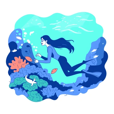 A blue woman in a sleek wetsuit is diving gracefully underwater, surrounded by a variety of colorful coral reefs. The coral is a mix of teal and orange hues, hosting an array of fish that swim playfully around her. Sunlight filters through the water, creating shimmering patterns on the ocean floor. The woman has a look of wonder as she examines a particularly vibrant coral formation, with her hair flowing gently in the water's currents. Small bubbles escape from her scuba gear, adding to the lively underwater atmosphere.