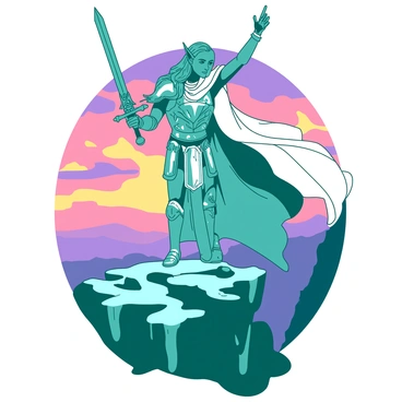 A teal elf warrior stands triumphantly on the edge of a rocky cliff, overlooking a vast landscape. The elf is adorned in intricate silver armor, reflecting the sunlight, with a flowing white cape billowing in the wind. In one hand, the warrior holds a gleaming sword raised high, while the other hand rests on the hilt of a beautifully crafted dagger at their waist. The background features a sunset sky with vibrant hues casting shadows across the rugged terrain below. The warrior's long hair flows elegantly, and their expression displays pride and determination after the victorious battle.