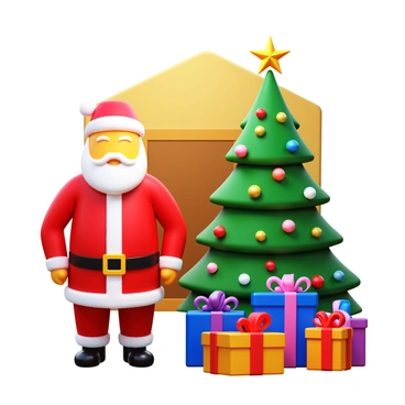 Weihnachtsmann placing colorful gifts around a beautifully decorated Christmas tree