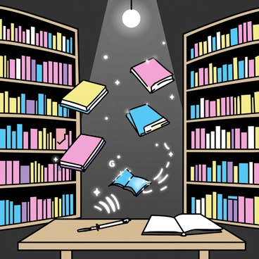 A magical library filled with towering shelves lined with colorful books. Several books are depicted flying off the wooden shelves, their covers brightly illustrated in different hues. The books are mid-flight, some flipping open to reveal shimmering pages. A few books create a swirling motion as they rise, surrounded by tiny sparkles. The library is dimly lit by glowing orbs floating near the ceiling, casting a gentle light over the scene. A large, ornate wooden table is visible in the foreground, with a quill and an open tome resting on it.