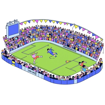 A bustling quidditch stadium filled with excited fans. The stands are crowded with people wearing team colors, waving flags, and cheering loudly. Above the ground, players zoom by on broomsticks, wearing colorful uniforms. The players are focused, some chasing a golden snitch, while others are engaged in a competitive play with a quaffle. In the background, the large scoreboard displays the current score. Bright banners hang from the stadium's structure, adding to the vibrant atmosphere.