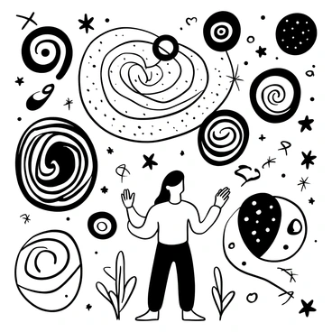 A figure of "Adiyogi" standing in a meditative pose, surrounded by swirling shapes representing "galaxies" and "cosmic dust." The galaxies are depicted as intricate spirals, with various curves and lines suggesting movement, while the cosmic dust forms a textured background that adds depth. The scene is framed with various celestial elements, including stars scattered throughout the composition, creating a sense of infinity.