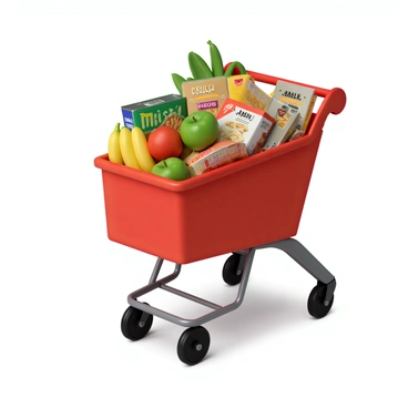 A bright red shopping cart filled to the brim with various grocery items. The cart features fresh produce such as green apples, ripe bananas, and vibrant bell peppers. There are also packages of pasta, cans of soup, and boxes of cereal. Some items have bold "SALE" tags attached, indicating discounts. The cart is placed on a smooth floor, and there are colorful price tags visible on some of the items, emphasizing the savings.