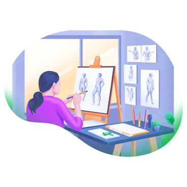 A softly lit studio environment featuring an artist sketching a live model. The artist is seated at an easel, holding a pencil and focused on the model. The model is posed gracefully, and a variety of art supplies are scattered on a nearby table, including sketchbooks, charcoal sticks, and paintbrushes. Warm light filters through a large window, casting gentle shadows across the room. There are several sketches of the model displayed on the wall, showing different poses and expressions.