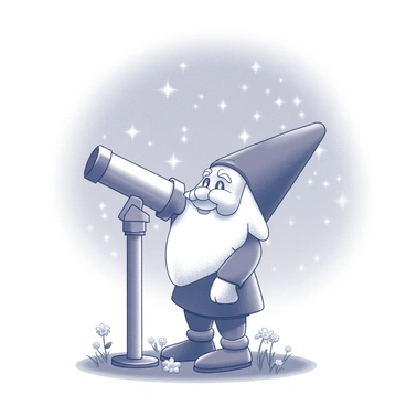A garden gnome with a pointy hat is positioned beside a telescope. The gnome has a white beard and a cheerful expression. The telescope is directed towards a star-filled sky, highlighting its intricate detailing. The ground is covered with grass, and small flowers are scattered around the gnome's feet. The night sky is expansive, with numerous stars twinkling, and the gnome stands in a relaxed posture, as if lost in wonder looking at the cosmos.